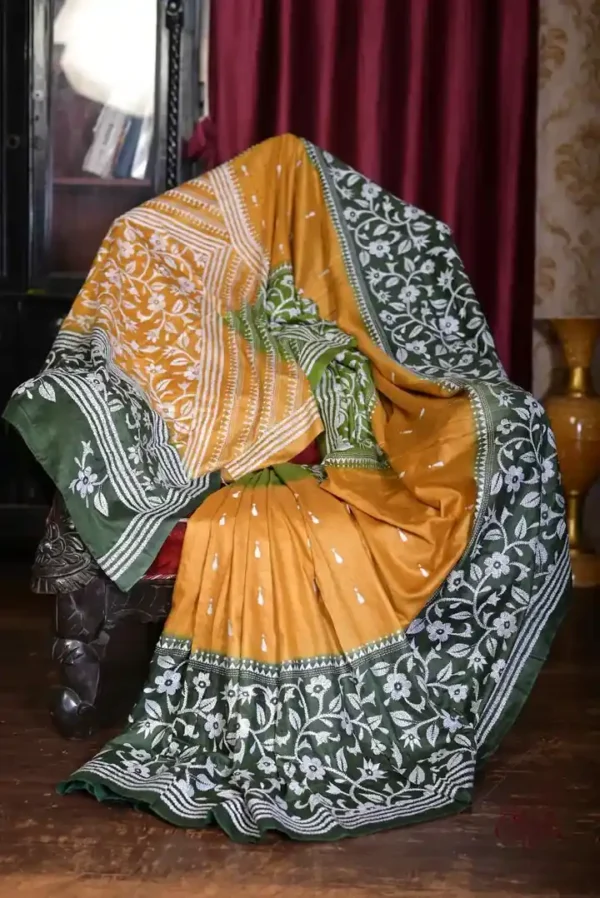 Yellow with Green Border White Kantha stitch Tussar silk saree