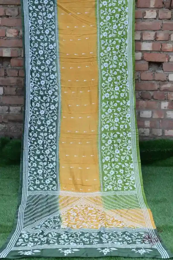 Yellow with Green Border White Kantha stitch Tussar silk saree