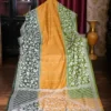 Yellow with Green Border White Kantha stitch Tussar silk saree