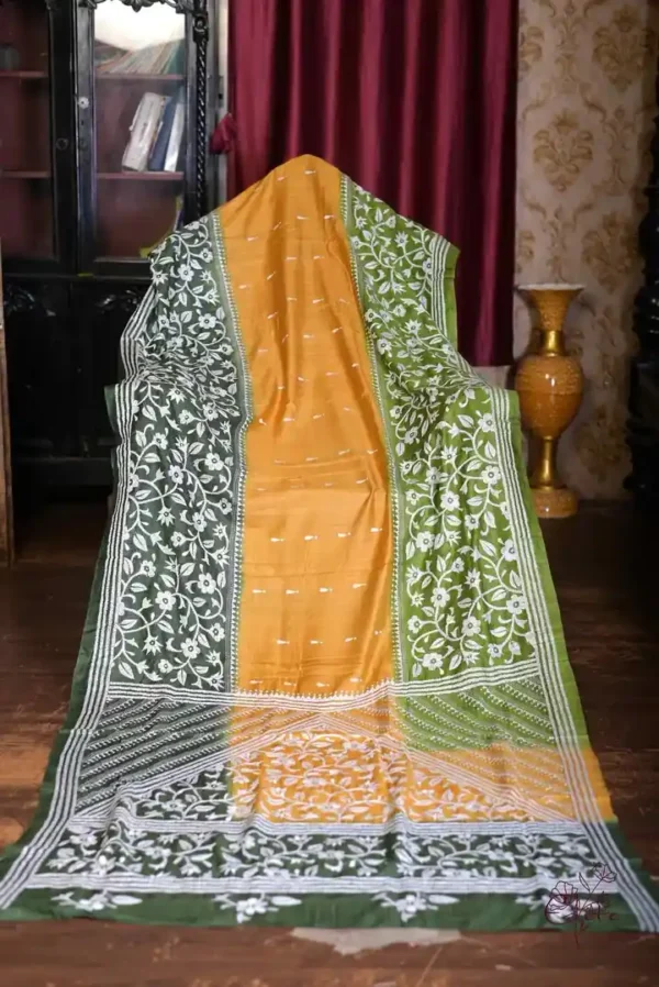 Yellow with Green Border White Kantha stitch Tussar silk saree