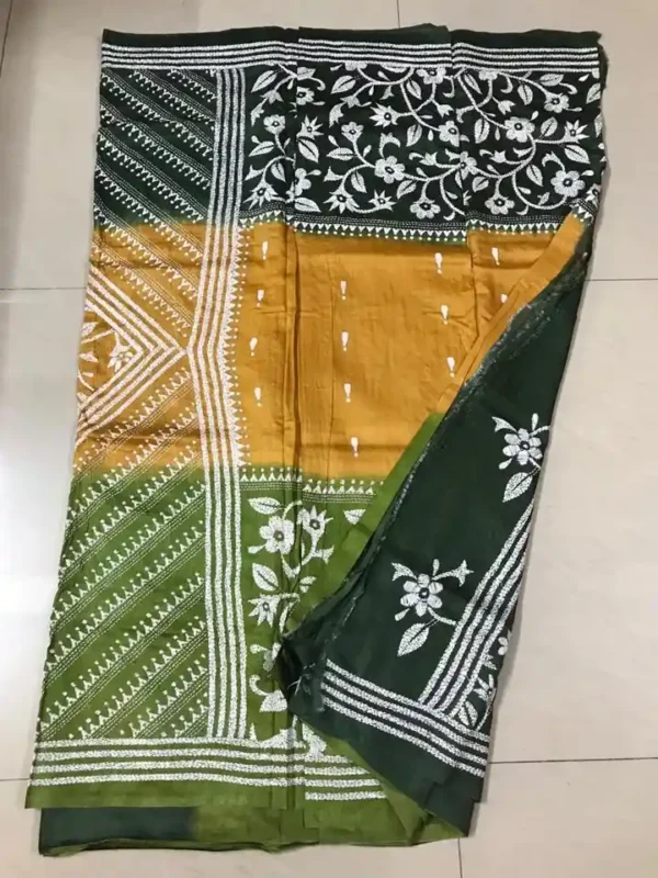 Yellow with Green Border White Kantha stitch Tussar silk saree