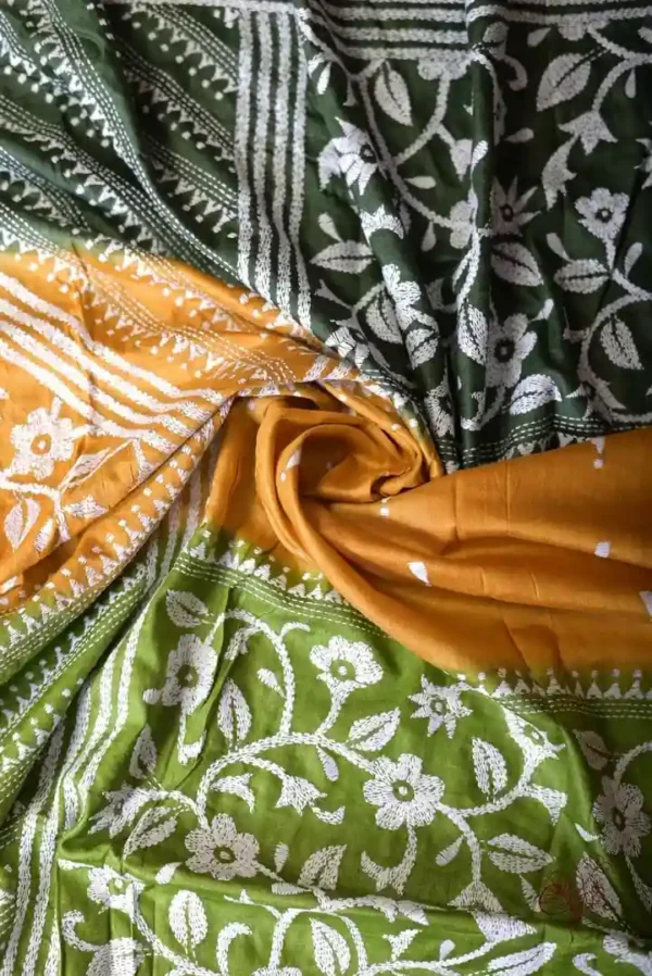 Yellow with Green Border White Kantha stitch Tussar silk saree