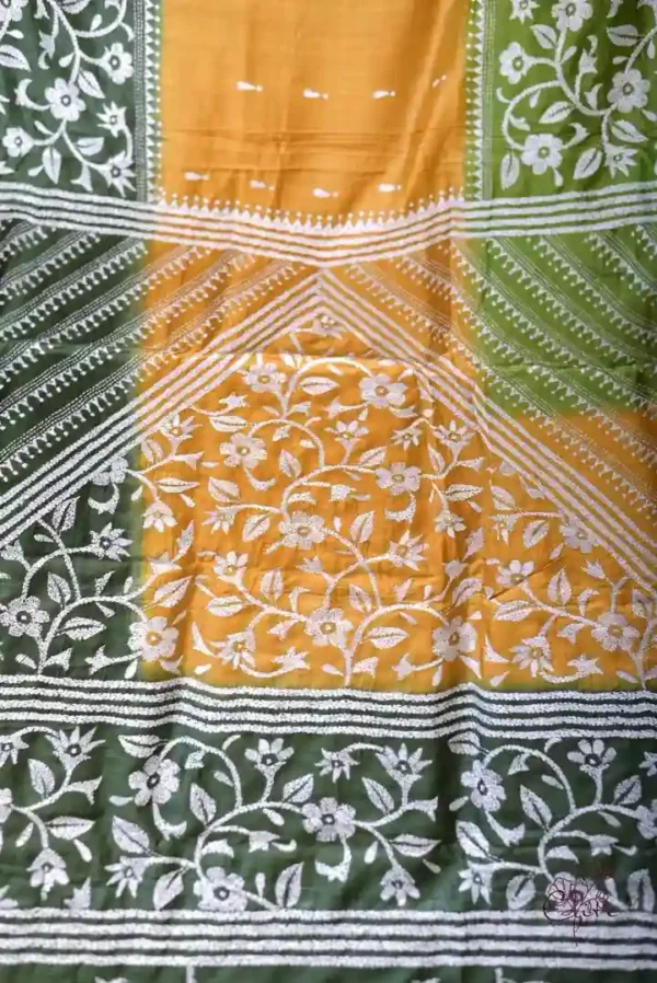 Yellow with Green Border White Kantha stitch Tussar silk saree