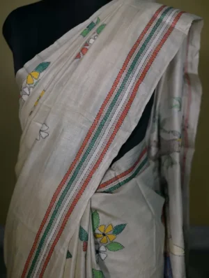 Off White on 4 Girls playing Kantha Stitch work Pure Tussar Silk Saree