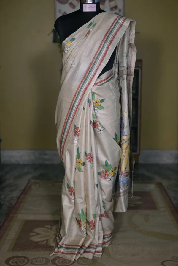 Off White on 4 Girls playing Kantha Stitch work Pure Tussar Silk Saree
