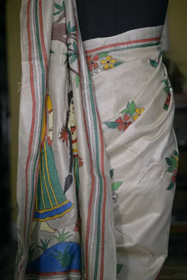 Off White on 4 Girls playing Kantha Stitch work Pure Tussar Silk Saree