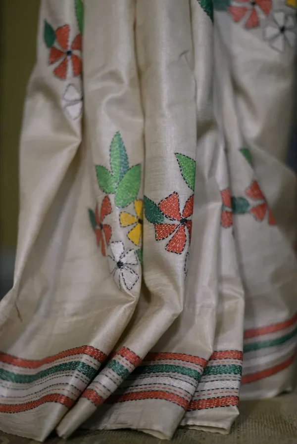 Off White on 4 Girls playing Kantha Stitch work Pure Tussar Silk Saree