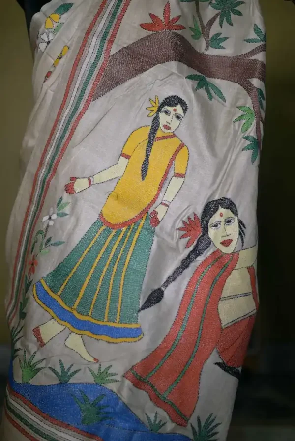 Off White on 4 Girls playing Kantha Stitch work Pure Tussar Silk Saree