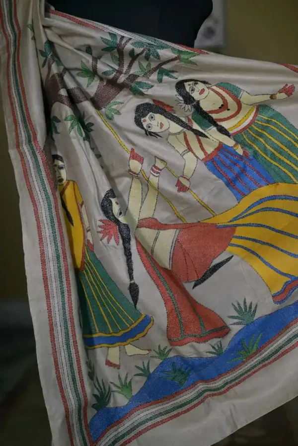 Off White on 4 Girls playing Kantha Stitch work Pure Tussar Silk Saree