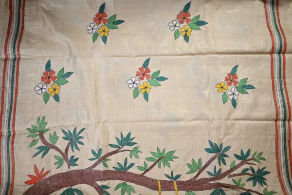 Off White on 4 Girls playing Kantha Stitch work Pure Tussar Silk Saree