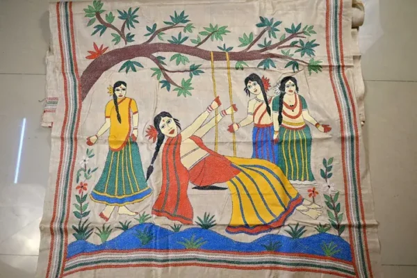 Off White on 4 Girls playing Kantha Stitch work Pure Tussar Silk Saree
