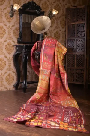 Scarlet n Yellow with Multicolor Kantha stitch on Pure Tussar saree