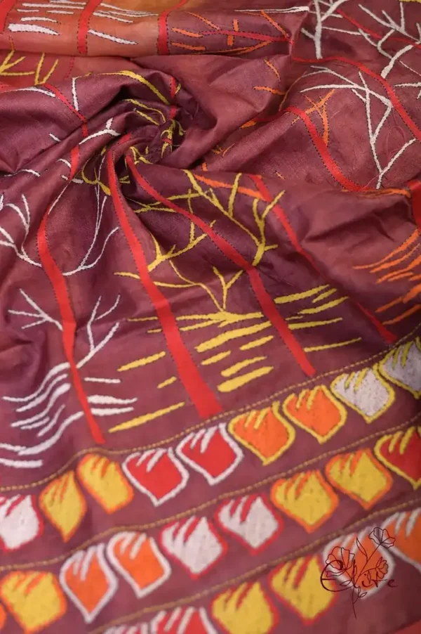 Scarlet n Yellow with Multicolor Kantha stitch on Pure Tussar saree