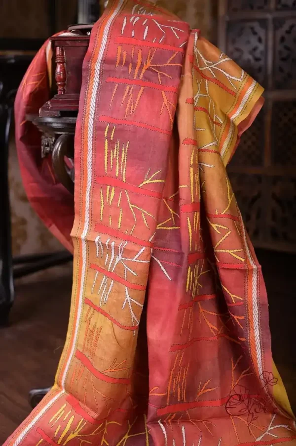 Scarlet n Yellow with Multicolor Kantha stitch on Pure Tussar saree