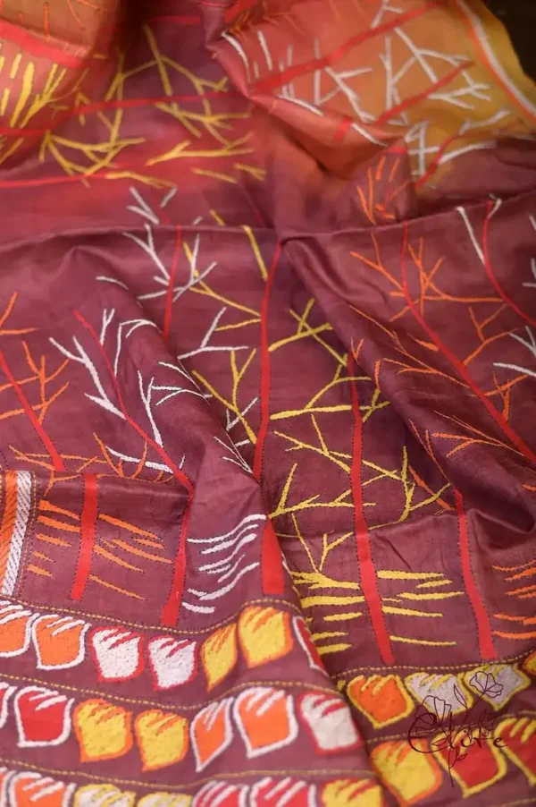 Scarlet n Yellow with Multicolor Kantha stitch on Pure Tussar saree