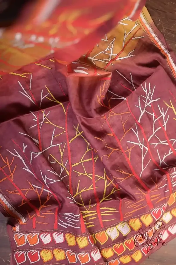 Scarlet n Yellow with Multicolor Kantha stitch on Pure Tussar saree