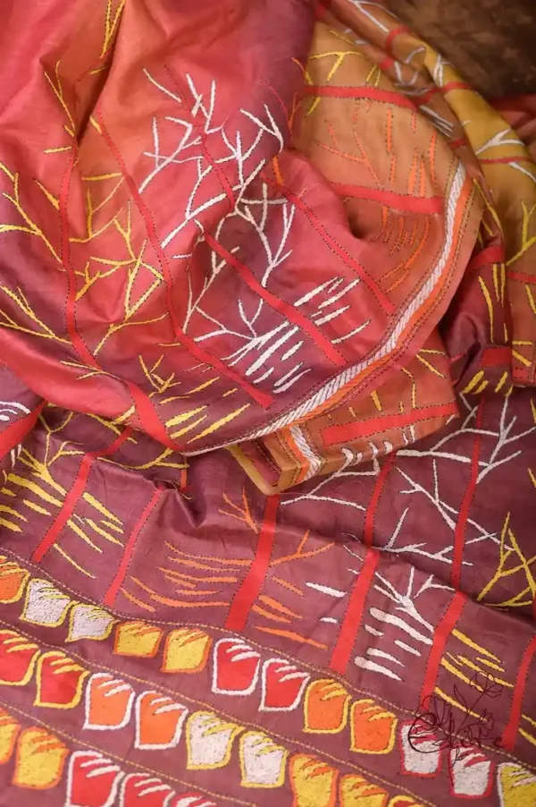 Scarlet n Yellow with Multicolor Kantha stitch on Pure Tussar saree