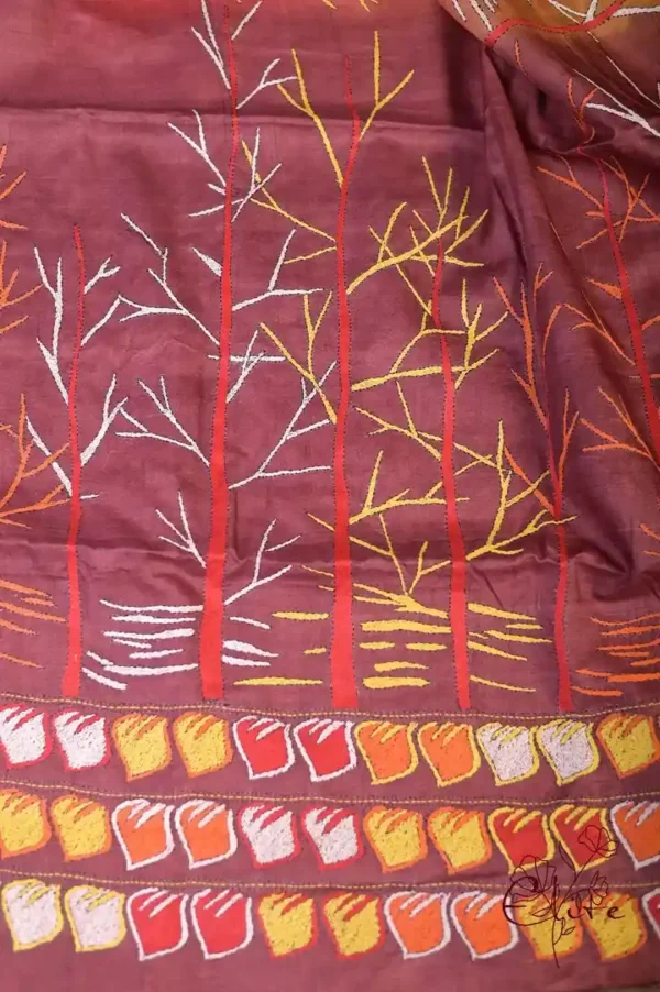 Scarlet n Yellow with Multicolor Kantha stitch on Pure Tussar saree