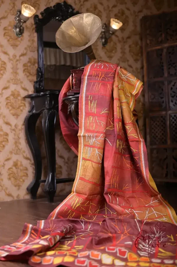 Scarlet n Yellow with Multicolor Kantha stitch on Pure Tussar saree
