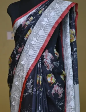 Black on Floral print with Chikankari Border Gachi Tussar saree