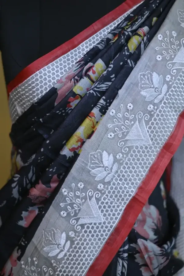 Black on Floral print with Chikankari Border Gachi Tussar saree