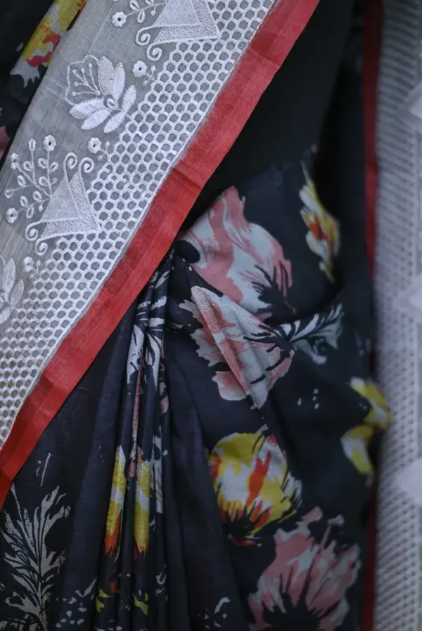 Black on Floral print with Chikankari Border Gachi Tussar saree