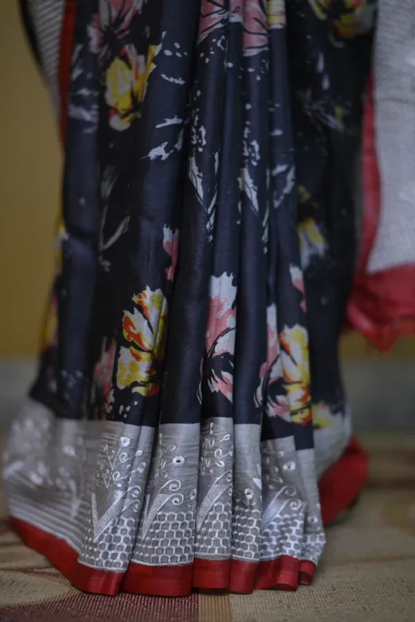 Black on Floral print with Chikankari Border Gachi Tussar saree
