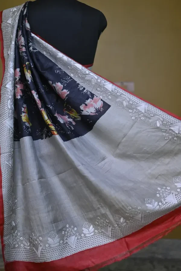 Black on Floral print with Chikankari Border Gachi Tussar saree