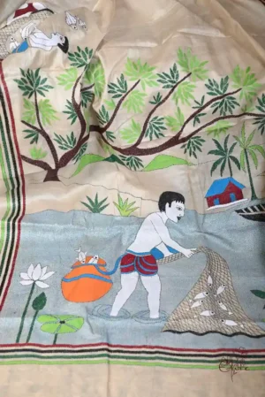 Biscuit on Fisherman theme Kantha stitch work Pure Tussar silk saree
