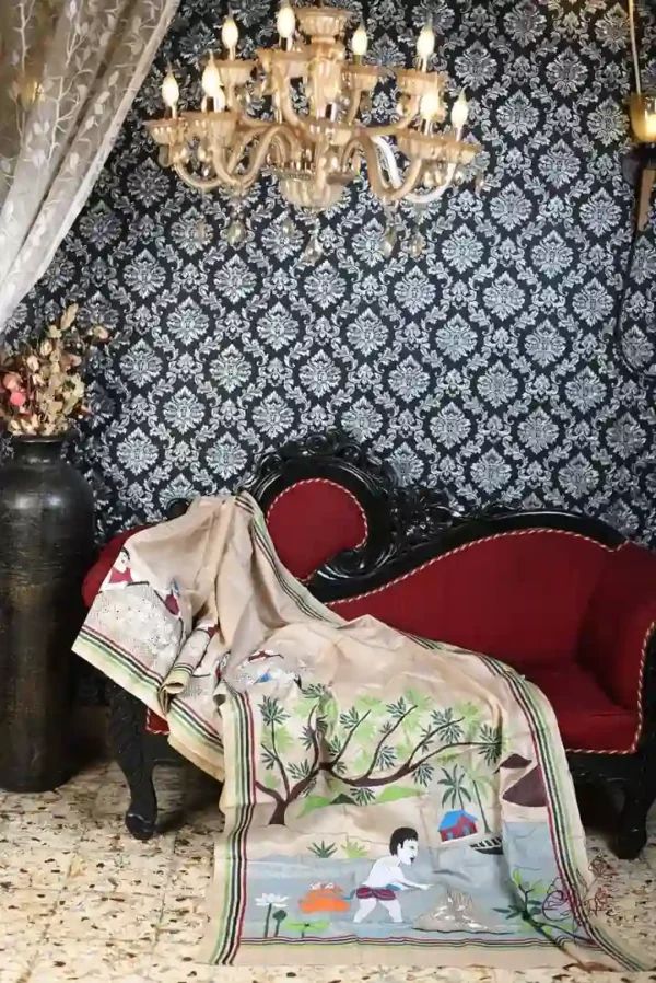 Biscuit on Fisherman theme Kantha stitch work Pure Tussar silk saree