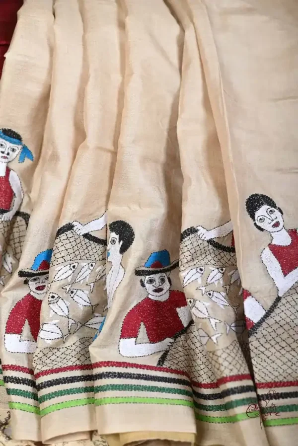 Biscuit on Fisherman theme Kantha stitch work Pure Tussar silk saree