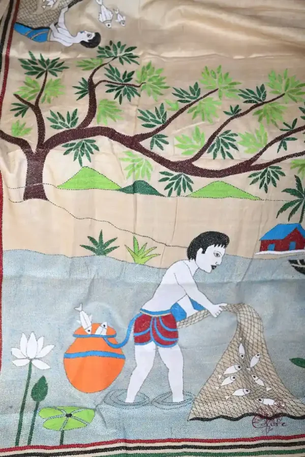 Biscuit on Fisherman theme Kantha stitch work Pure Tussar silk saree