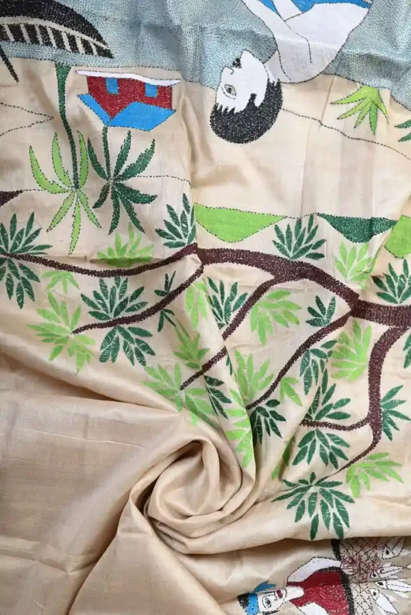 Biscuit on Fisherman theme Kantha stitch work Pure Tussar silk saree