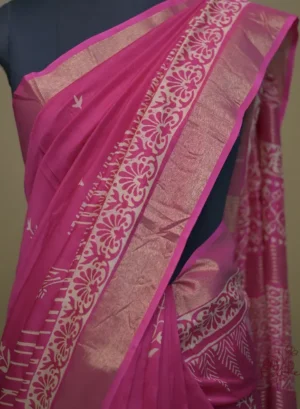 Hot Pink Bafta Work with Golden Zari Border Tussar Saree