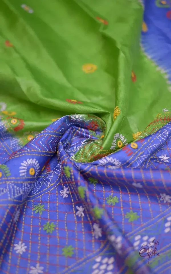 Parrot Green with Blue Border,Anchal Lambani Embroidery work Dyed Tussar Saree