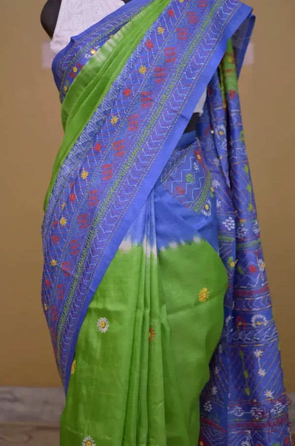 Parrot Green with Blue Border,Anchal Lambani Embroidery work Dyed Tussar Saree