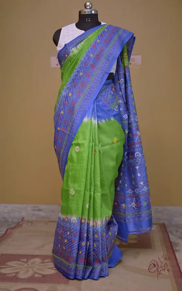Parrot Green with Blue Border,Anchal Lambani Embroidery work Dyed Tussar Saree