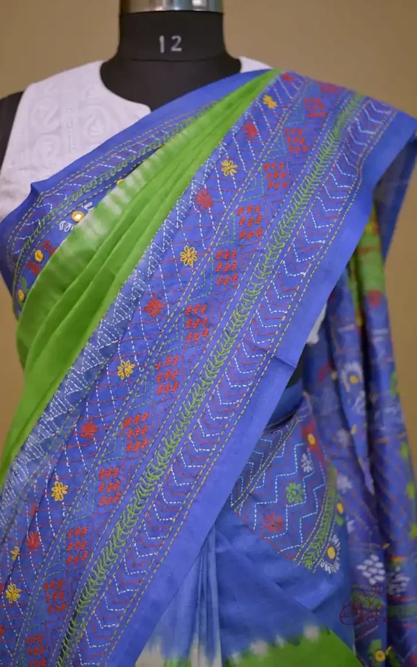 Parrot Green with Blue Border,Anchal Lambani Embroidery work Dyed Tussar Saree