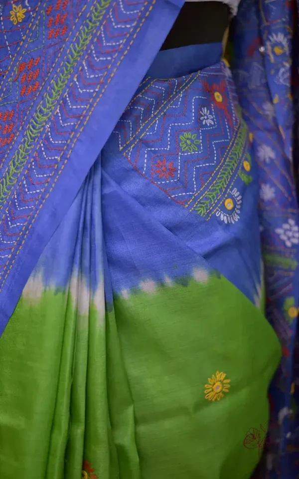 Parrot Green with Blue Border,Anchal Lambani Embroidery work Dyed Tussar Saree