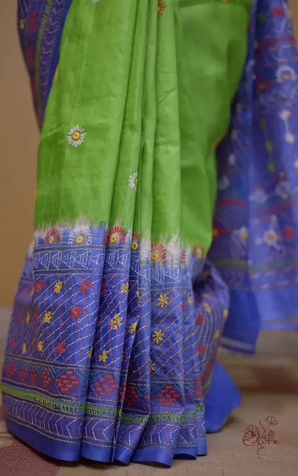 Parrot Green with Blue Border,Anchal Lambani Embroidery work Dyed Tussar Saree