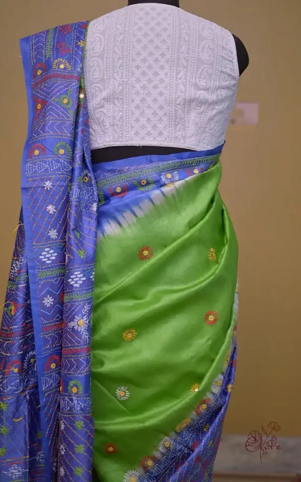 Parrot Green with Blue Border,Anchal Lambani Embroidery work Dyed Tussar Saree