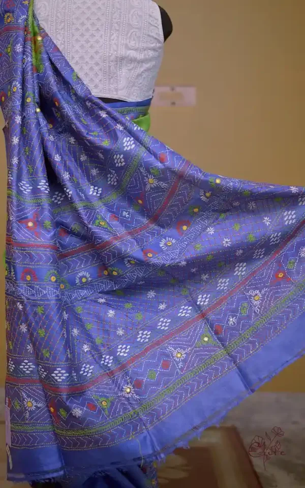 Parrot Green with Blue Border,Anchal Lambani Embroidery work Dyed Tussar Saree