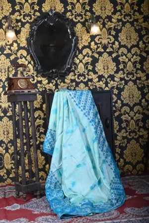 Sky blue color hand Shivori Gujrati Mirron on Tussar saree