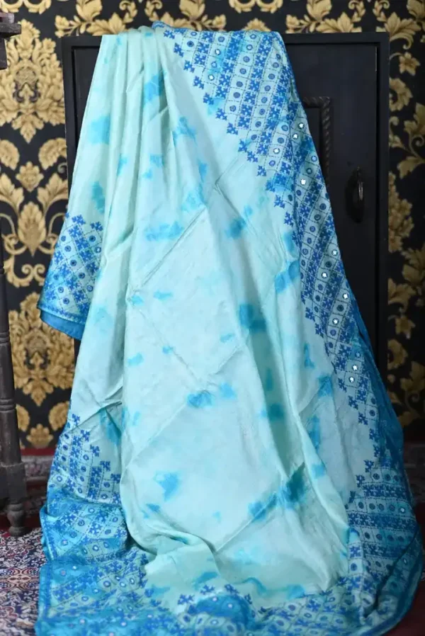 Sky blue color hand Shivori Gujrati Mirron on Tussar saree
