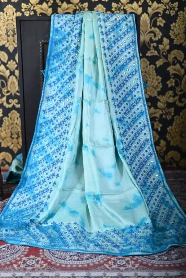 Sky blue color hand Shivori Gujrati Mirron on Tussar saree