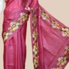Reddish Pink Embroidery Work on Tussar Silk Saree
