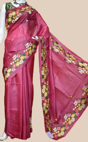 Reddish Pink Embroidery Work on Tussar Silk Saree