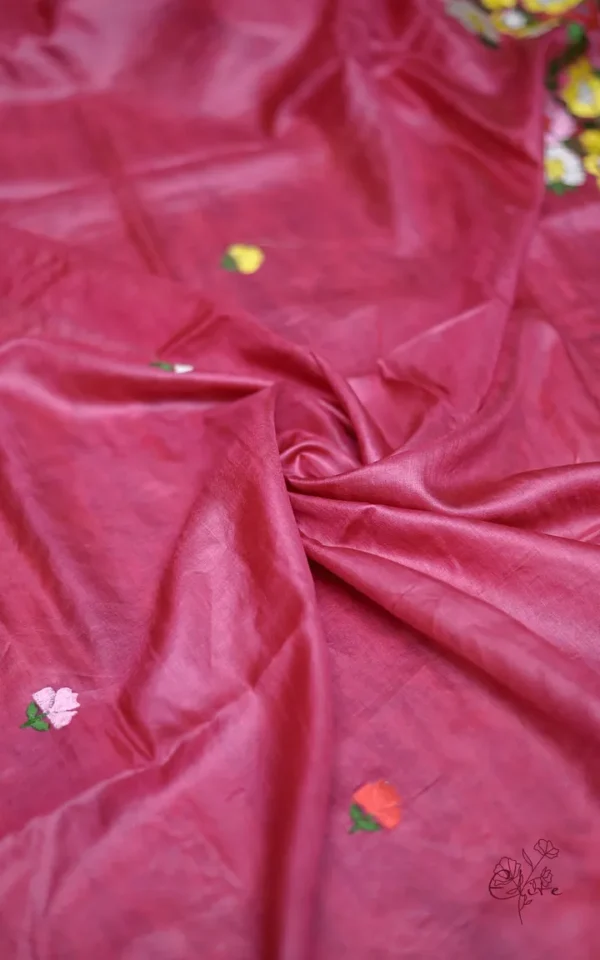 Reddish Pink Embroidery Work on Tussar Silk Saree