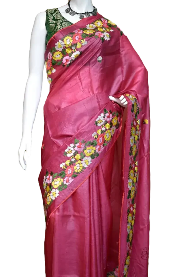 Reddish Pink Embroidery Work on Tussar Silk Saree