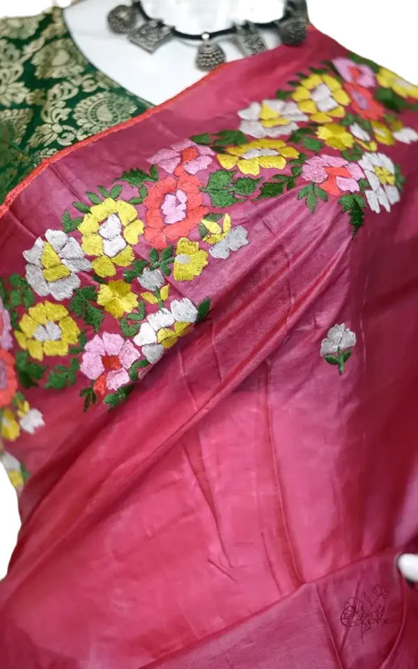 Reddish Pink Embroidery Work on Tussar Silk Saree